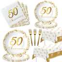 APOWBLS 50th Anniversary Decorations And Supplies Tableware - Golden 50th Wedding Anniversary Decorations Party Supplies, Paper Plate, Napkin, Tablecloth, Fork | Serves 24