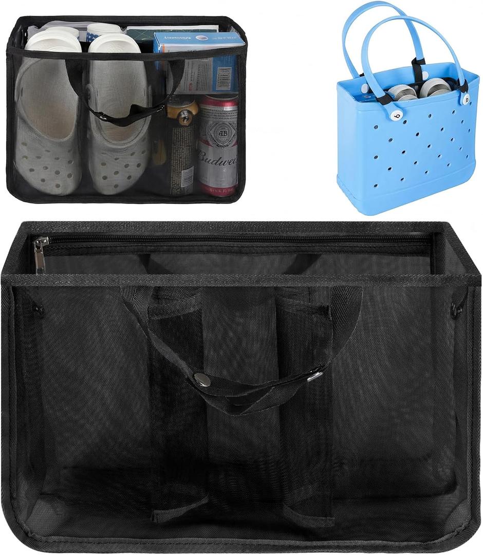 Beach Bag Organizer for Bogg Bag, Tote Bag Organizer Insert, Lightweight Mesh Divider with Zipper Pocket & 7 Compartments, Accessories Insert for XL Bogg Tote (Black, Medium)