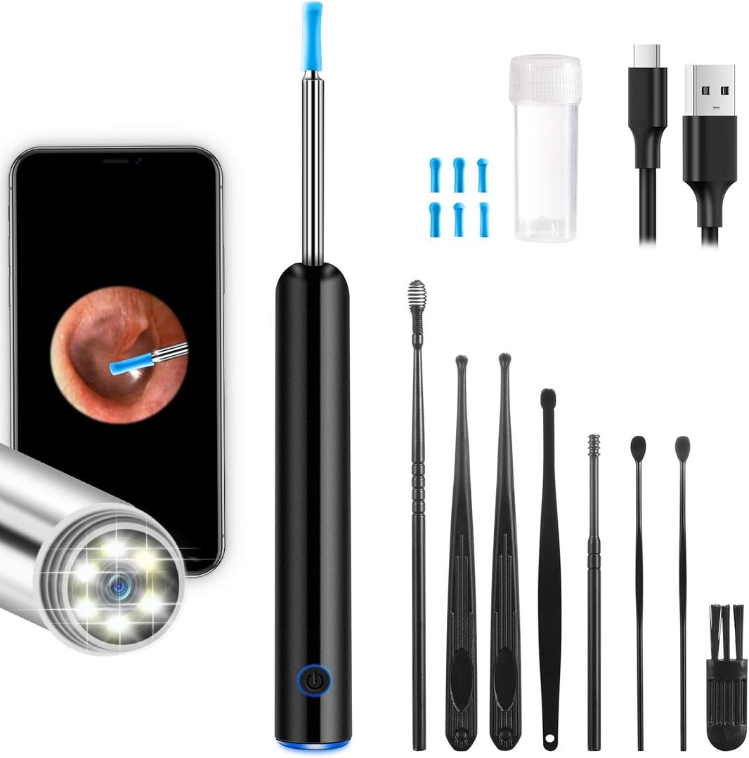Ear Wax Removal Tool, Ear Cleaner with Camera and Light 1080P Ear Scope Ear Wax Removal Tool Camera Earwax Removal Cleaning Kit Includes 2 Silicone Ear Scoops 6 LED Lights, Black (Black)
