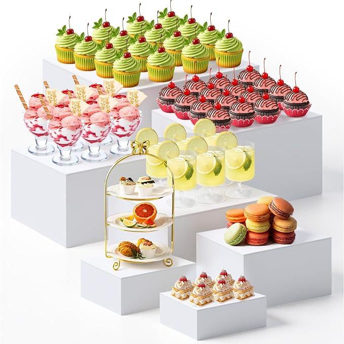 Leinuosen 7 Pcs Extra Large Buffet Risers Set 8" to 14" Acrylic Display Box Square Catering Dessert Table Riser Food Display Decorative Stand with Hollow Bottom for Catering Supplies(White)