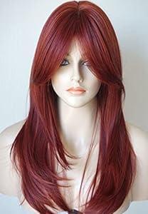Long red wig Layered Shoulder Length cherry color wig with bangs Heat resisithat fiber Synthetic Hair Fiber 26ionches Red Wigs Multicolor Wigs for White Women