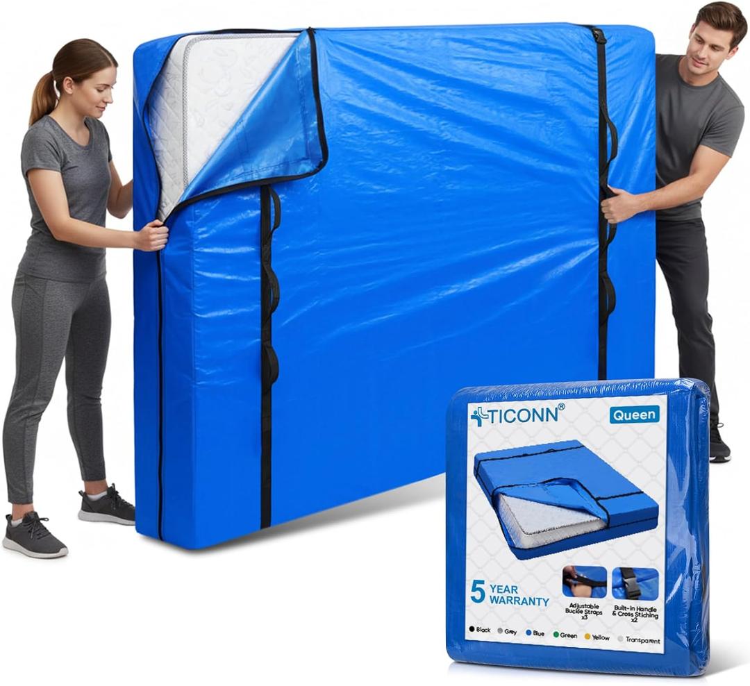 TICONN Mattress Bags for Moving, Heavy Duty Queen Mattress Cover Storage Bag with Full-Around Handle and Adjustable Buckles (Blue, Queen)
