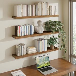 ROGMARS 36 Inches Long Walnut Floating Shelves,Rustic Solid Wood Farmhouse Wall Shelves with Invisible Brackets for Bathroom, Living Room, Bedroom, Kitchen Set of 3, 36 inch 3 tier
