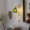 HuisMier Dimmable Plug in Wall Sconces, Vintage Green Stripe Glass Lampshade Wall Lighting Fixture with On/Off Switch, Brass Wall Sconce for Bedroom Bathroom Living Room Hallway, Plug in