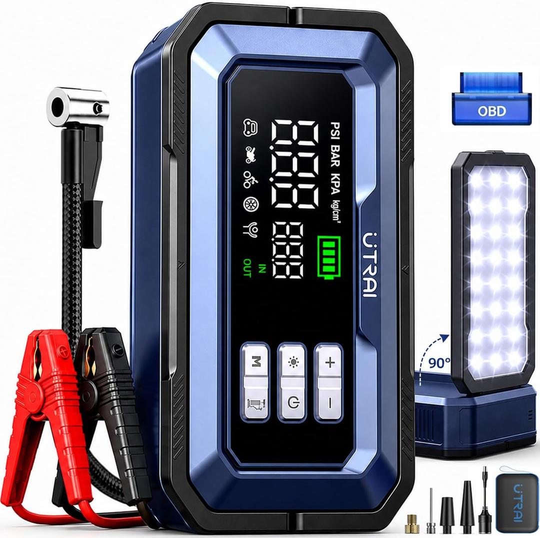 UTRAI Jump Starter with Air Compressor,8000A Portable Car Battery Jump Starter for All Gas/12L Diesel,150PSI Tire Inflator with Auto Shut-Off,160W DC Output, 2000LM Light,OBD2 Scanner