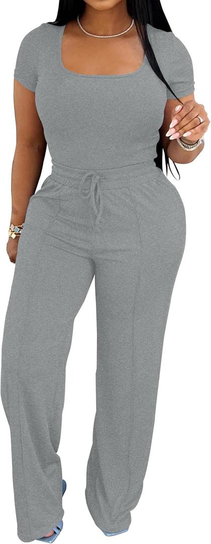 PINSV Women's 2 Piece Outfits Lounge Short Sleeve Tops High Waisted Wide Leg Pants Tracksuit Sets L
