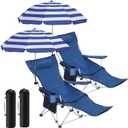 Karenhi 2 Set Reclining Beach Chair with Umbrella for Adult Folding Camping Chair with Foot Rest Adjustable Clamp Canopy Shade for Outdoor Patio Travel Beach Fishing Picnic (Dark Blue and White)