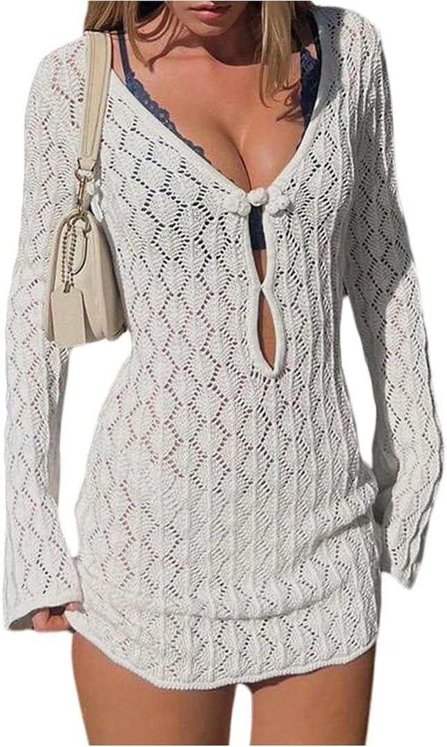 GORGLITTER Women's Crochet Bikini Cover Up Dress Cut Out Long Sleeve Beach Bathing Suit Swimsuit Outfits (White, M)