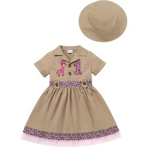 IDOPIP Baby Girls Wild Jungle Safari 1st Birthday Outfit Toddler Leopard Giraffe Tutu Dress with Hat Clothes for Photo Shoot, 12-18M