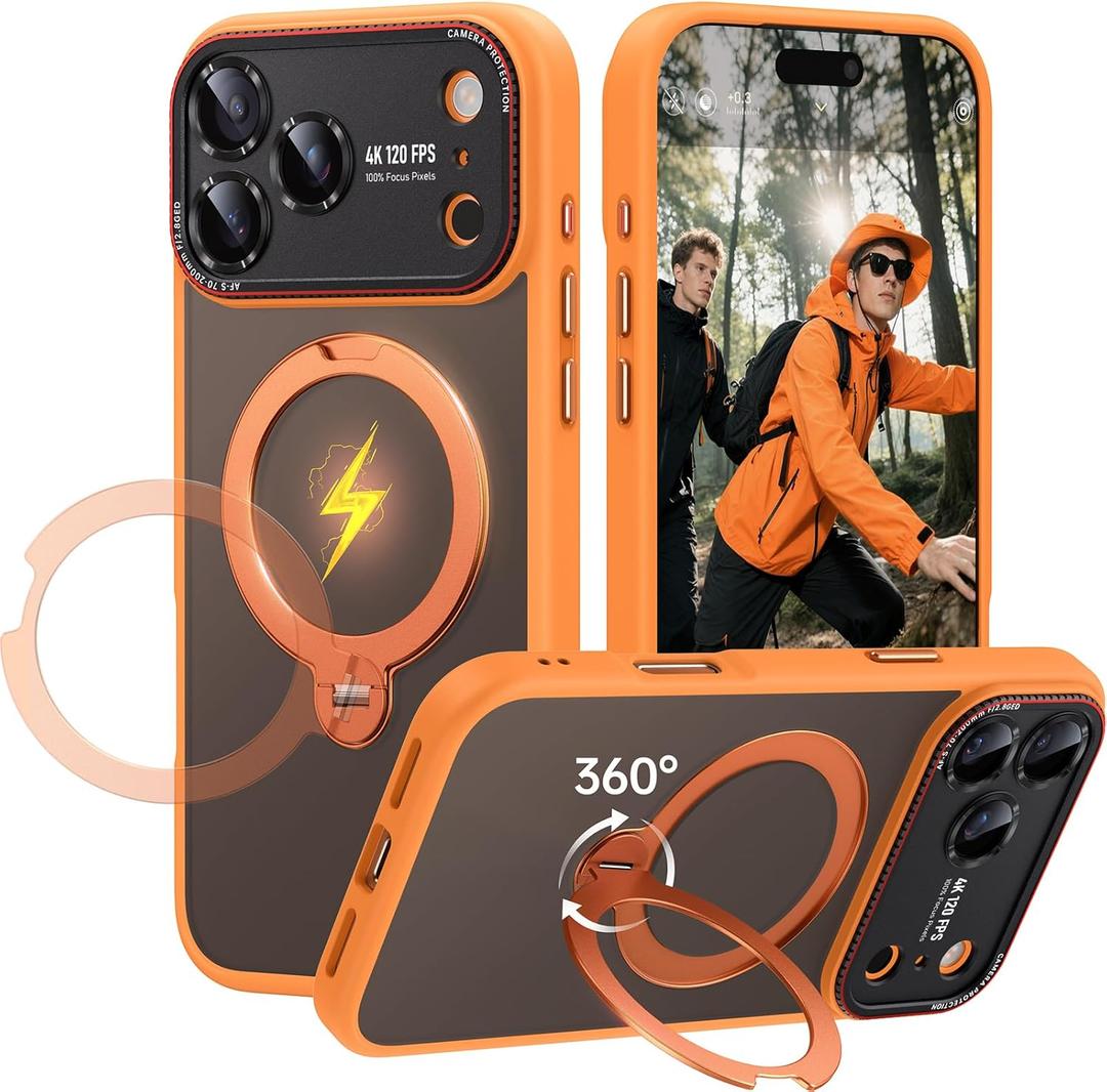 For iPhone 17 Pro Case: 360 Spin Magnetic Stand, Camera Protection (Compatible with MagSafe) [18FT Military Protection] Shockproof Matte Translucent Phone Cover for iPhone 17 Pro 6.3", Orange