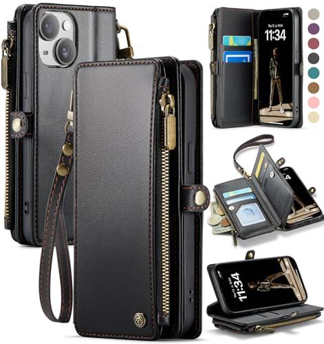 Defencase Compatible with iPhone 13 Case Wallet with RFID Blocking Card Holder for Women and Men, Fashion PU Leather Magnetic Snap Flip Zipper Strap Wallet Phone Case Fit for iPhone 13 6.1", Black