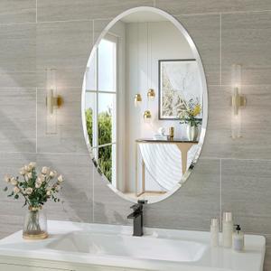 Frameless Oval Mirror, 24"x36" Bathroom Vanity Mirrors with Beveled Edge, Decorative Oval Wall Mirrors for Bedroom, Entryway, Living Room, Hangs Horizontally or Vertically