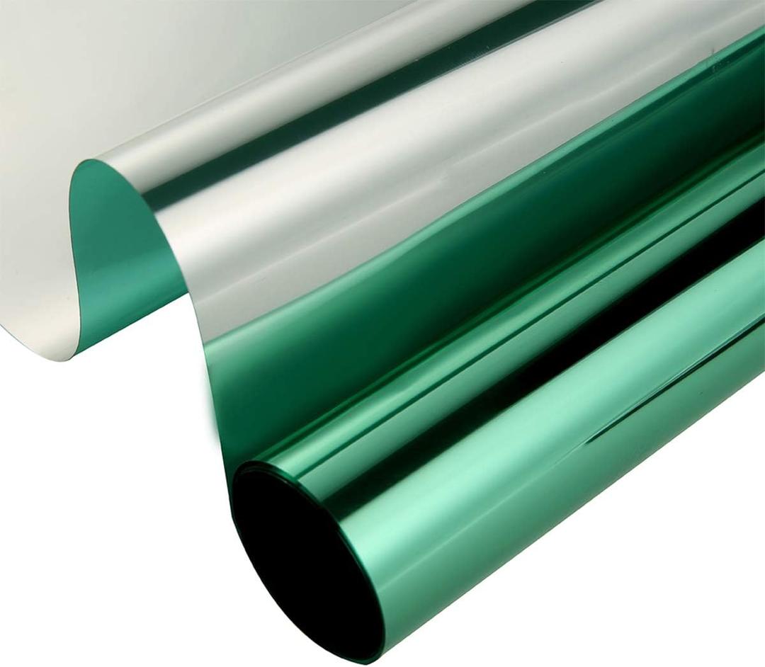 Reflective Window Film Cling Mirror One Way Privacy Window Tint Heat Control Anti UV Solar Film for Home Office Glass See Out Not in, 35.4 Inch x 10 Feet, Green Silver (35.4Inch x 10Feet)