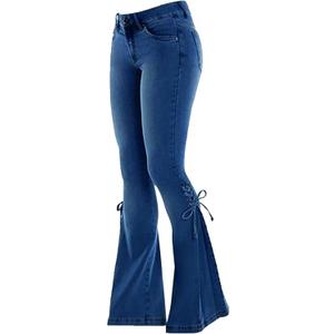 Womens Side Lacing Bell Bottom Jeans Stretch Butt Lifting Vintage Washed Jeans Skinny Flare Pants (XX-Large, Dark Blue)