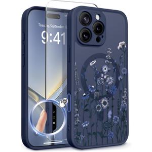 GVIEWIN for iPhone 16 Pro Case Compatible with MagSafe, [Military Grade Protection] [Screen Protector] Full Camera Protection Floral Translucent Women Magnetic Phone Case, Floratopia/Blue