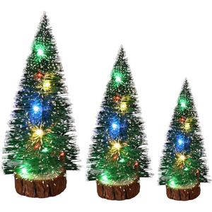 3Pcs Bottle Brush Trees Mini Christmas Trees Artificial Xmas Trees Sisal Snow Frost Diorama Tree with Wood Base for Home DIY Craft Decoration(with Light)