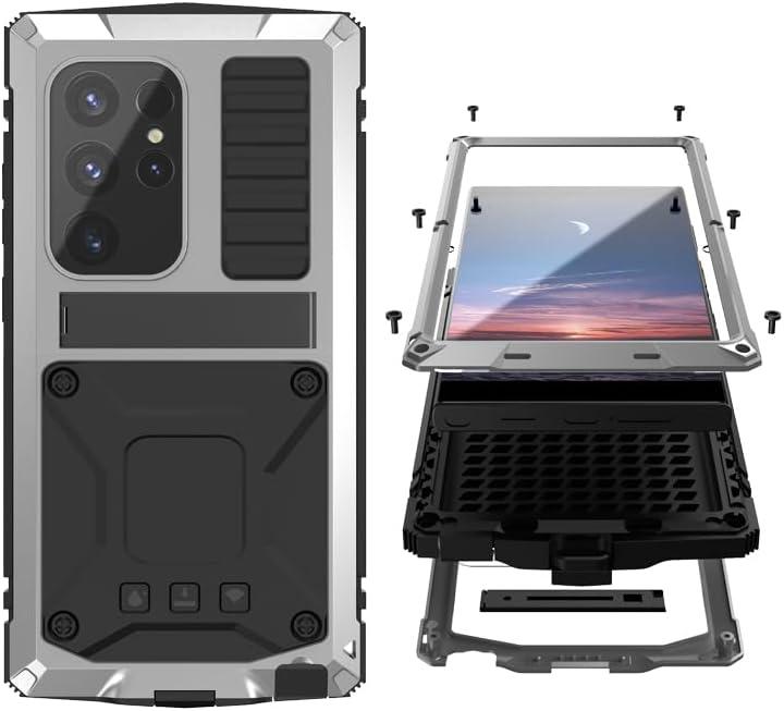 Compatible with Samsung S24 Metal Bumper Silicone Case with Stand Built-in Screen Protector Gorilla Glass Hybrid Durable Military Shockproof Heavy Duty Rugged Full Body Camera Cover (Silver)