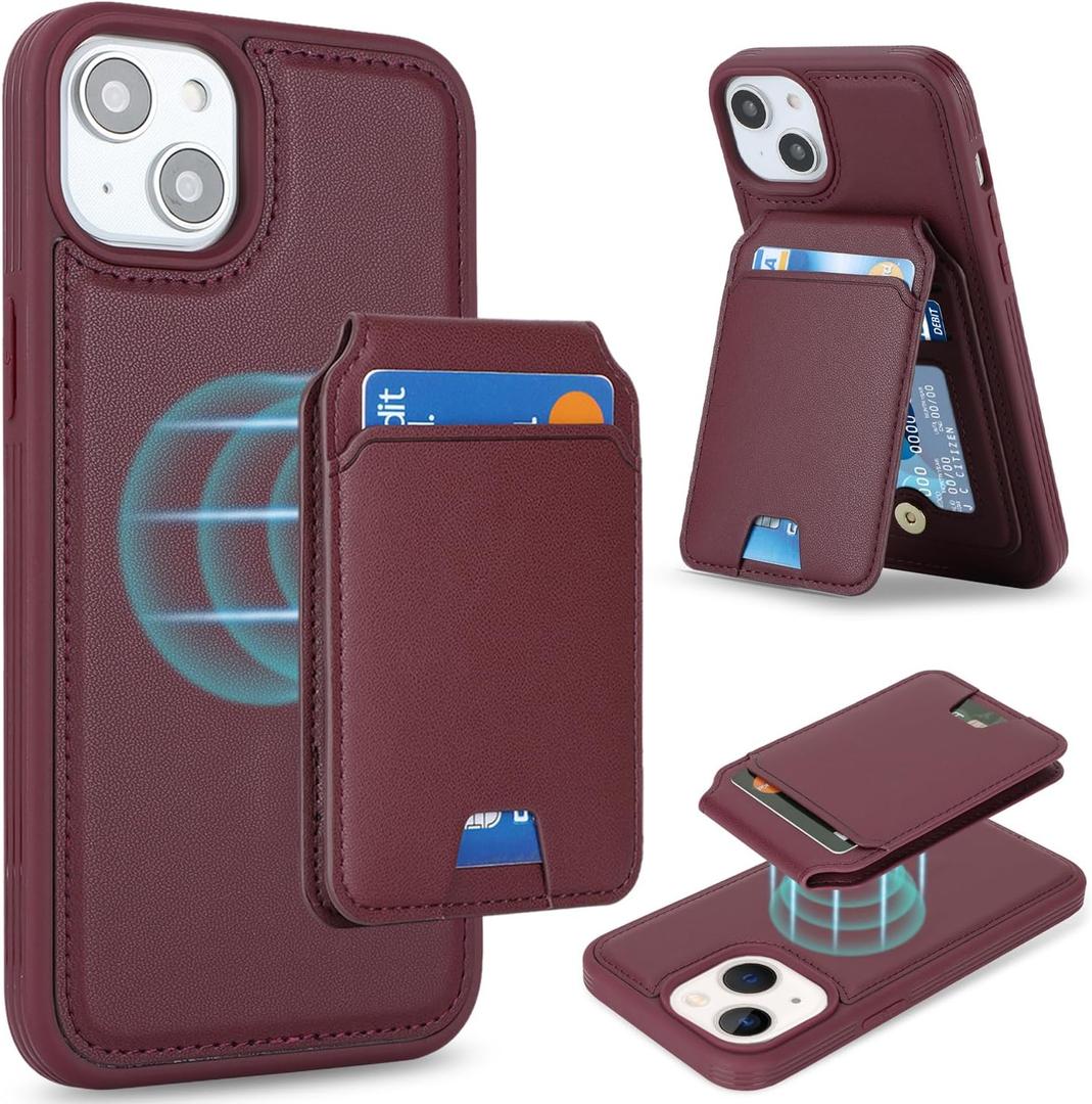 for iPhone 15 Plus Wallet Case magsafe Compatible with Card Holder for Women Men 2 in 1 Detachable Magnetic Shockproof Phone case Stand Leather Credit Card Slots-Wine Red
