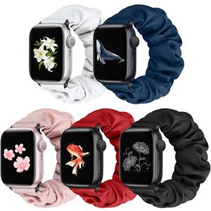 Beatlone Solo Loop Watch Bands Compatible for Scrunchie Apple Watch Band 38mm 40mm 41mm 42mm 44mm 45mm 46mm 49mm Soft Stretchy Women Elastic Strap for iWatch Series 10 9 8 7 6 5 4 3 SE Ultra 2 1 (Silver+Dark Blue+Pink Sand+China Red+Black)