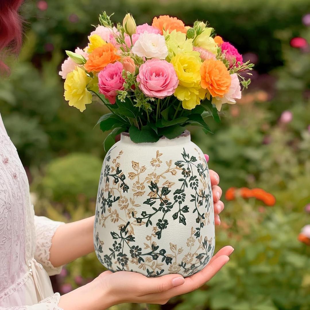 Vintage Ceramic Flower Mini Vase Home Decor - Tabletop Rustic Vase for Decor Living Room Bookshelf Office Kitchen Cottage, White Vases for Bouquet, Chinoiserie | Grand Millennial | 6.1inch