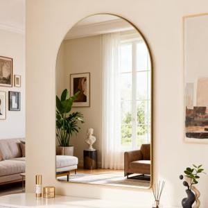 Gold Metal Frame Bathroom Arch Mirror for Over Sink, 24x36 Inch Rounded Arched Tempered Mirror, Wall Vanity Mirror for Farmhouse, Modern Luxe Mirror for Bedroom, Living Room, Entryway