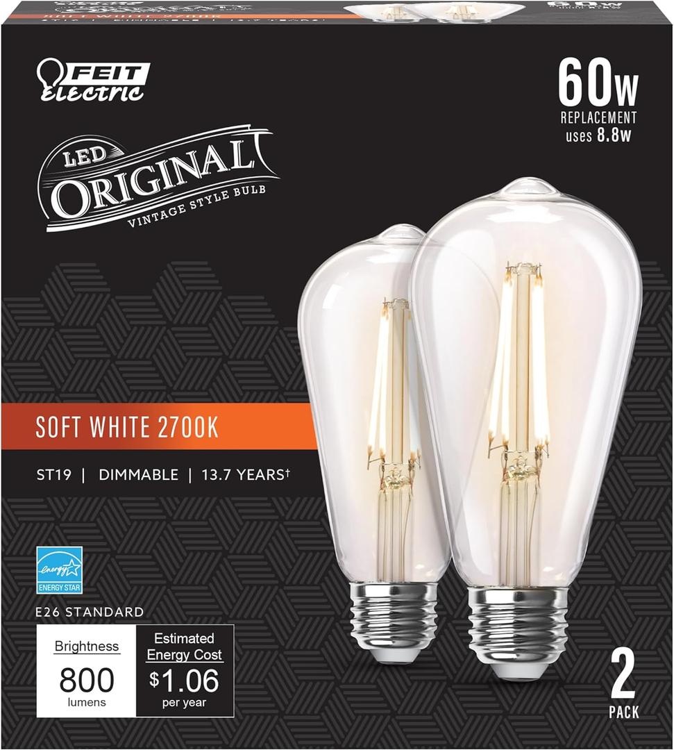 Feit Electric ST19 Vintage Edison LED Light Bulb, 60W Equivalent, Dimmable, 2700K Soft White, 800 Lumens, E26 Base, Retro Filament Light Bulbs, 15,000-Hour Lifetime, ST1960/CL/927CA/2, 2 Pack
