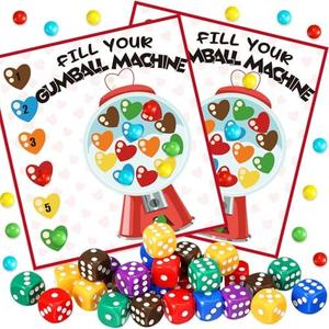 Wettarn 30 Sets Valentine‘s Day Games Kits Game for Family Classroom Valentine Activity Galentine Games with 30 Game Themed Cards 30 Rainbow Game Dice (Fill Your Gumball Machine)
