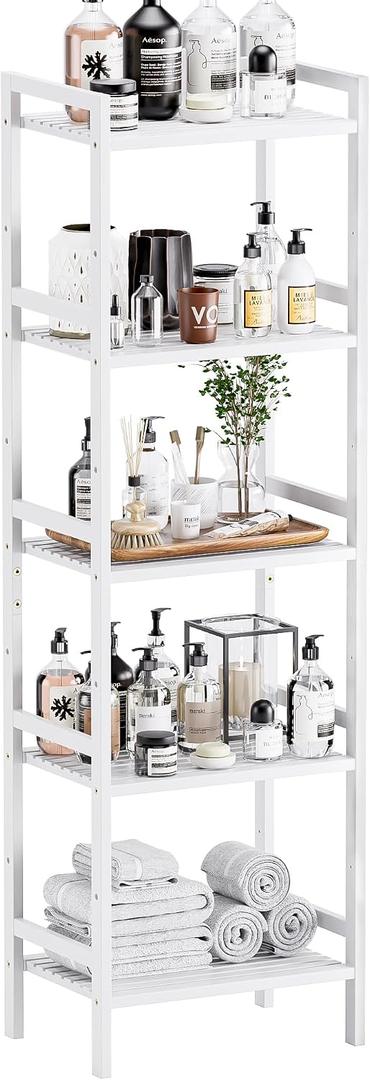 HITNET 5 Tier Bamboo Shelf, Tall Narrow Bookcase, Freestanding Bathroom Storage Unit with Adjustable Shelves, Modern Display Standing Bookshelf for Living Room, Bedroom, Home Office, White, 45 cm x 31.5 cm x 142 cm