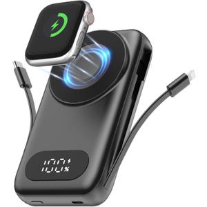 SHENMZ Magnetic Portable Charger 26800mAh for iPhone 17/16/15/14/13/12 with Built-in Cables， iWatch Charger，Wireless Power Bank for Apple Watch and for airpods,Galaxy, Android Phones(Black)