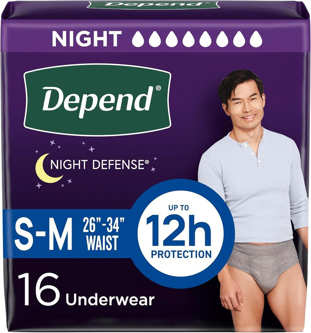 Depend Night Defense Adult Incontinence Underwear for Men, Disposable, Overnight, Small/Medium, Grey, 16 Count, Packaging May Vary
