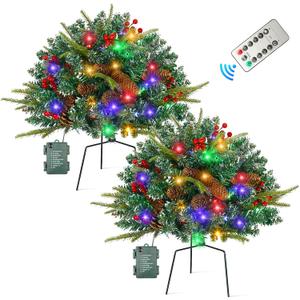 JOYHALO 2 Pack Set 21Inch Christmas Urn Filler with 50 Lights Remote Controlled in Multicolor, Christmas Pot Fillers with PVC&PE Branches, Outdoor Christmas Trees for Porch Pathway Yard Decorations