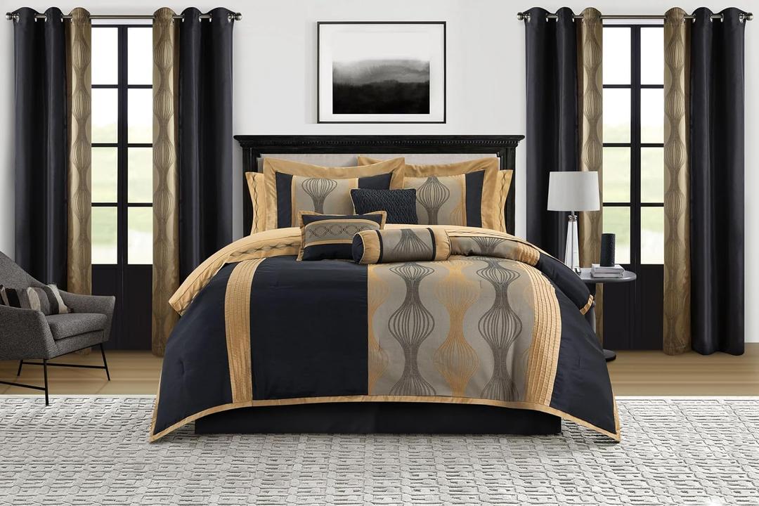Stratford Park Elegant Black and Gold Comforter Set King Size, Striped,15 Piece Room-in-A-Bag, Jacquard Bedding Set, All Season, Matching Decorative Pillows, Pillow Sham, Curtains