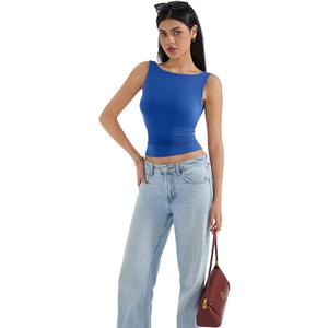 SUUKSESS Women Padded Open Back Boat Neck Tank Tops Double Lined Basic Shirts, Blue, M