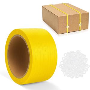 Banding Strapping, Pallet Strapping, Packaging Coil, 492' Length1/2 Width, Box Packing Tool Kit, Poly Plastic Packaging Tool and 100 Pcs Plastic Buckles (Yellow)