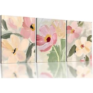 Floral Wall Art Set of 3, Framed Vintage Pink Flower Canvas Paintings, Rustic Country Decor Poster for Living room, office, bedroom 16x24 Inch Each, Ready to Hang