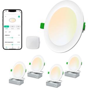 LEPOWER-TEC Recessed LED Can Lights 6 Inch, Smart Wi-Fi Connect White LED Ceiling Light, Adjustable 2700K-6500K Downlight with Junction Box, APP & Voice Control, 1100 Lumens, 4 Pack