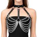 Women Adjustable Chain Belt Harness Faux Leather Alloy Body Chain Top for Layered Outfits Festival Party Styling(Underbust 34.3-39.4in) (Black)