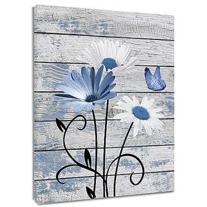HVEST Vintage Floral Canvas Wall Art Blue and White Daisy Butterfly on Farmhouse Wooden Wall Decor for Bedroom, Country Wildflower Framed Wall Art for Living Room Office Home Decor, 24L X 16W inches