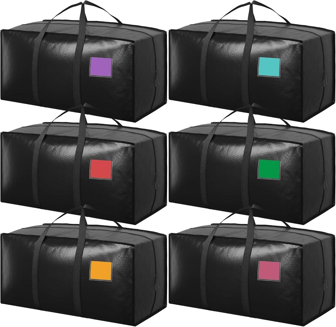 6 Pack Moving Bags with Full-Open Side Zipper, Extra Large 93L Heavy Duty Waterproof Foldable Storage Totes for College Dorm, Moving & Home Organization Black