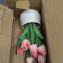 MyGift Realistic Artificial Pink Tulips in White Ceramic Vase Faux Tulip Flower Arrangement for Home & Office Decor, Potted Tabletop Fake Plants in Round Ceramic Planter, Elegant Spring Decor