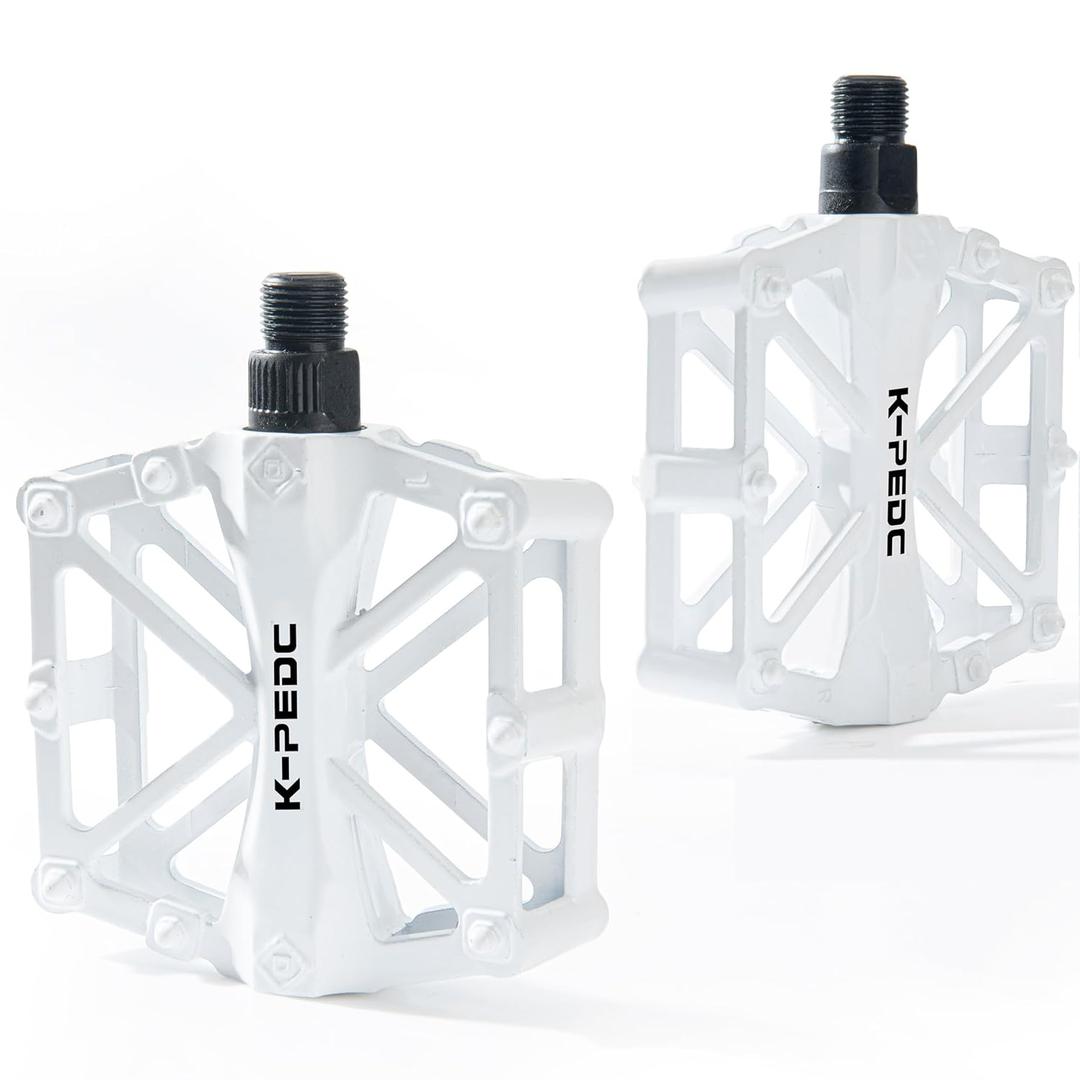 GPMTER Bike Pedals 9/16 for MTB, Mountain Road Bicycle Flat Pedal, with 16 Anti-Skid Pins -Universal Lightweight Aluminum Alloy Platform Pedal for Travel Cycle-Cross Bikes etc (White2)