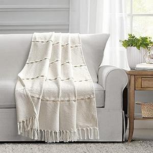 Lush Decor Herringbone Stripe Woven Tassel Yarn Dyed Cotton Throw Blanket 50" W x 60" L Neutral & White - Striped Throw Blankets - Beige Couch Blanket