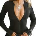 iGENJUN Women Ribbed Long Sleeve Bodysuit Invisible Zip Up Crew Neck Body Suit (Large, Black)