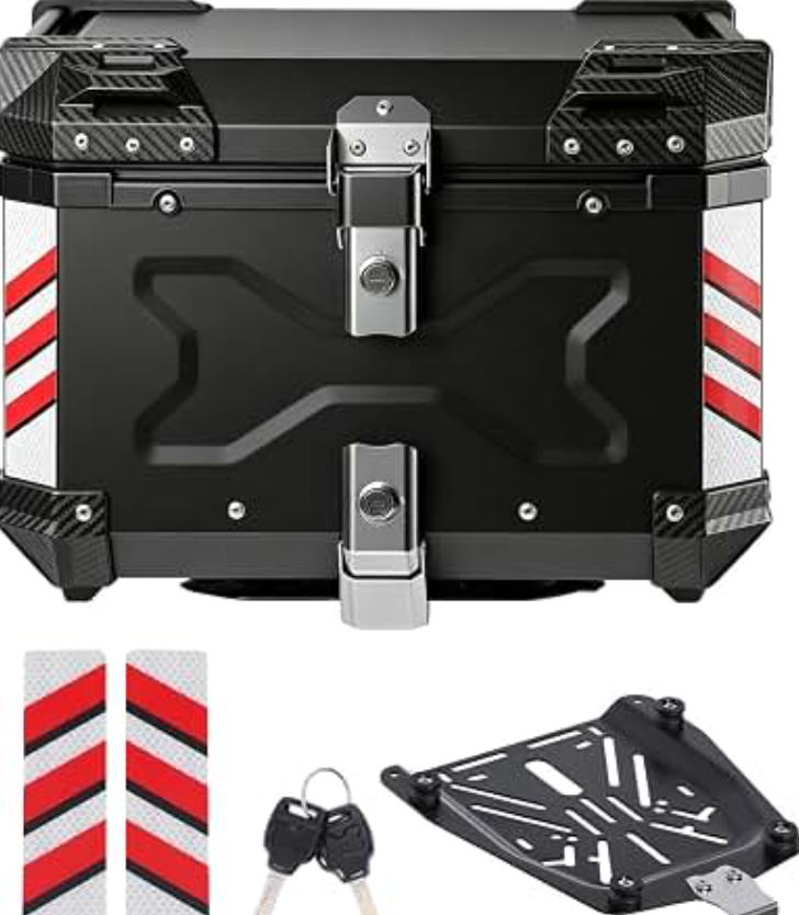 Aluminum Motorcycle Top Case, Universal Tail Box with Security Lock, Waterproof Helmet Luggage (Black) - 56L