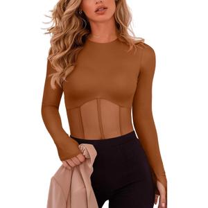 REORIA Women's Trendy Sexy Crew Neck Thumbholes Long Sleeve Sheer Mesh Going Out Bodysuit Tops (Brown) XL