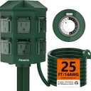 Flexora Outdoor Power Strip with 24-Hour Mechanical Timer, 25 FT Extension Cord Waterproof, 6 Grounded Outlets for Outdoor Christmas Decorations, ETL Listed (25 FT)