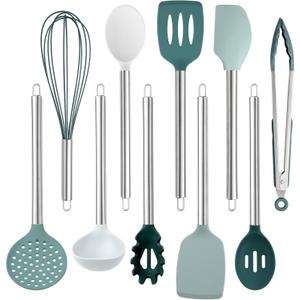 COOK WITH COLOR Silicone Cooking Utensils, Kitchen Utensil Set, Easy to Clean Silicone Kitchen Utensils, Cooking Utensils for Nonstick Cookware, Kitchen Gadgets Set, 10 Pieces, Teal