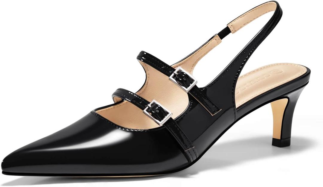 Coutgo Womens Slingback Kitten Heels Mary Jane Pumps Closed Pointed Toe Buckle Strap Wedding Dress Shoes (8.5, Black)