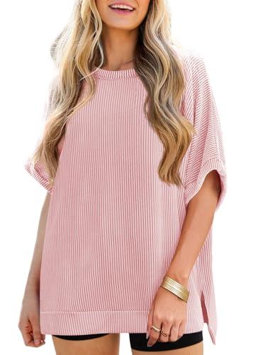 Tankaneo Womens Oversized T Shirts Summer Casual Loose Fit Ribbed Batwing Short Sleeve Tunic Tops Pink XL