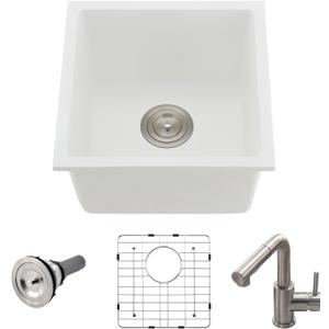 Undermount White Bar Sink, 16x16 Inch Small Granite Composite Wet Bar Sink with Faucet Combo Single Bowl Outdoor Quartz Undermount Sink for Island Station, Small Space